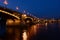 The Margaret bridge in Budapest with reflections at blue hour. closeup view.