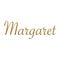 Margaret - Female name . Gold 3D icon on white background. Decorative font. Template, signature logo.