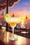 The margarita is a cocktail, tequila mixed with orange-flavoured liqueur and lime on beach resort at sunset, Illustartion, HD