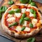 Margherita Italian pizza with melted mozzarella cheese and tomato garnished with fresh basil on a thick crust.