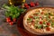 Margherita Pizza. Pizza Margarita with tomato, basil, garlic chips and mozzarella cheese.Delicious pizza with tomato, garlic, mozz