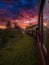 Maria-FumaÃ§a Train passing Bento GonÃ§alves during sunset