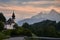 Maria Gern pilgrimage church with mount Watzmann during sunset