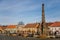 Marian Column at King Vladislav Square, Narrow picturesque street with colorful buildings in historic center of town Velvary in