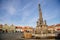 Marian Column at King Vladislav Square, Narrow picturesque street with colorful buildings in historic center of town Velvary in