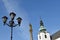 Marian Plague Column and church in Svitavy, decorative street lamp