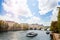 Marie bridge in Paris and Seine river with boat