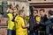 MARIENPLATZ, MUENCHEN, APRIL 6, 2019: bvb fans drinking alcohol at the marienplatz in munich