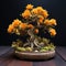 Marigold Bonsai With Detailed Petals On Wooden Tabletop