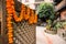 Marigold flowers and Goddess Lakshmi`s footprints at the entrance of the house. Kathmandy