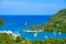 Marigot Bay, Saint Lucia, Caribbean. Tropical bay and beach in exotic and paradise landscape scenery. Marigot Bay is located on