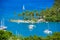 Marigot Bay, Saint Lucia, Caribbean. Tropical bay and beach in exotic and paradise landscape scenery. Marigot Bay is located on