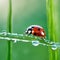 marin beetle sitting in the green blade of grass with dew drops. Macro shot