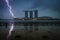 Marina bay sands with clouds and thunder lightnings and storm