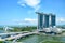 Marina Bay Sands Hotel, Singapore. Aerial view of Marina Sands luxury Hotel, ArtSience Museum and Gardens by the Bay