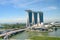 Marina Bay Sands Hotel, Singapore. Aerial view of Marina Sands luxury Hotel, ArtSience Museum and Marina Bay floating platform