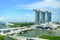 Marina Bay Sands Hotel, Singapore. Aerial view of Marina Sands luxury Hotel, ArtSience Museum and Marina Bay floating platform