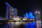 Marina Bay, Singapore - February 19, 2023 - The view of Art Science Museum and Sands Hotel illuminated at night