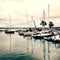 A marina with docked sailboats. Copy space. Square.