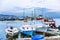 Marina with moored boats. Beautiful landscape, bright sunny day