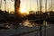 Marina with sun set. Pleasure boating boats and sailing yachts in the harbor.