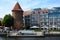 A marina at the Swan tower in Gdansk
