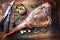 Marinated barbecue dry aged leg of venison with mushrooms and herbs on a rustic board