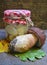 Marinated Boletus edulis mushrooms in a glass jar with fresh Porcini mushroom on old wooden table.