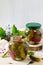 Marinated cucumbers gherkins. Marinated pickled cucumbers with red currant berries and spices