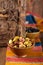 Marinated Olives in bowls with moroccan ornament on wood