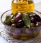 Marinated olives in a glass bowl