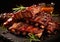 Marinated pork spareribs with barbeque sauce on black stone board.Macro.AI Generative