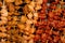 Marinated skewers skewered on a wooden skewer, many slice of chicken meat seasoned and spicy Asian background pattern