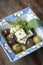 Marinated spanish olives and feta cheese tapas in barcelona restaurant