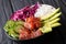 Marinated tuna poke bowl with rice, fresh cucumbers, red cabbage