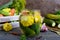 Marinated vegetables in a glass jar. Assorted cucumbers, peppers, carrots, patissons, zucchini.