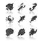 Marine animals drop shadow black glyph icons set. Swimming shark, anglerfish, butterflyfish. Underwater creature