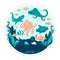 marine aquarium, aquatic reserve, ocean life, cartoon vector illustration. label, sticker, t-shirt printing