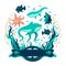 marine aquarium, aquatic reserve, ocean life, cartoon vector illustration. label, sticker, t-shirt printing