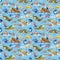 Marine background, dolphins, fish, seahorse and turtles. Seamless pattern, watercolor illustration