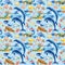 Marine background, dolphins, fish, seahorse and turtles. Seamless pattern, watercolor illustration