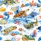 Marine background, dolphins, fish, seahorse and turtles. Seamless pattern, watercolor illustration