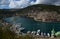 Marine Bay with Ukrainian ships against a background of mountains