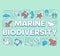 Marine biodiversity word concepts banner. Ocean animals diversity. Underwater wildlife. Presentation, website. Isolated