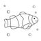 Marine coloring book for kids. Cartoon tropical fish with water bubbles. A simple training card about the inhabitants of the