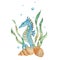 Marine composition of cute seahorse, seaweeds, seashells, water bubbles. Watercolor hand drawn illustration for children