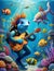 Marine creatures play musical instrument in a vibrant, with whimsical and harmonious symphony, underwater world, fantasy art