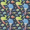 Marine cute seamless pattern with mermaids, fishes, algae, starfish, coral, seabed, bubble