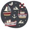 Marine cute set made with boats, ships, water, lifeline, seagull, sea and anchor