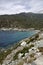 Marine de Giottani, Cap Corse, gravel beach at the west coast with a little harbor and the small hotel, Corsica, France